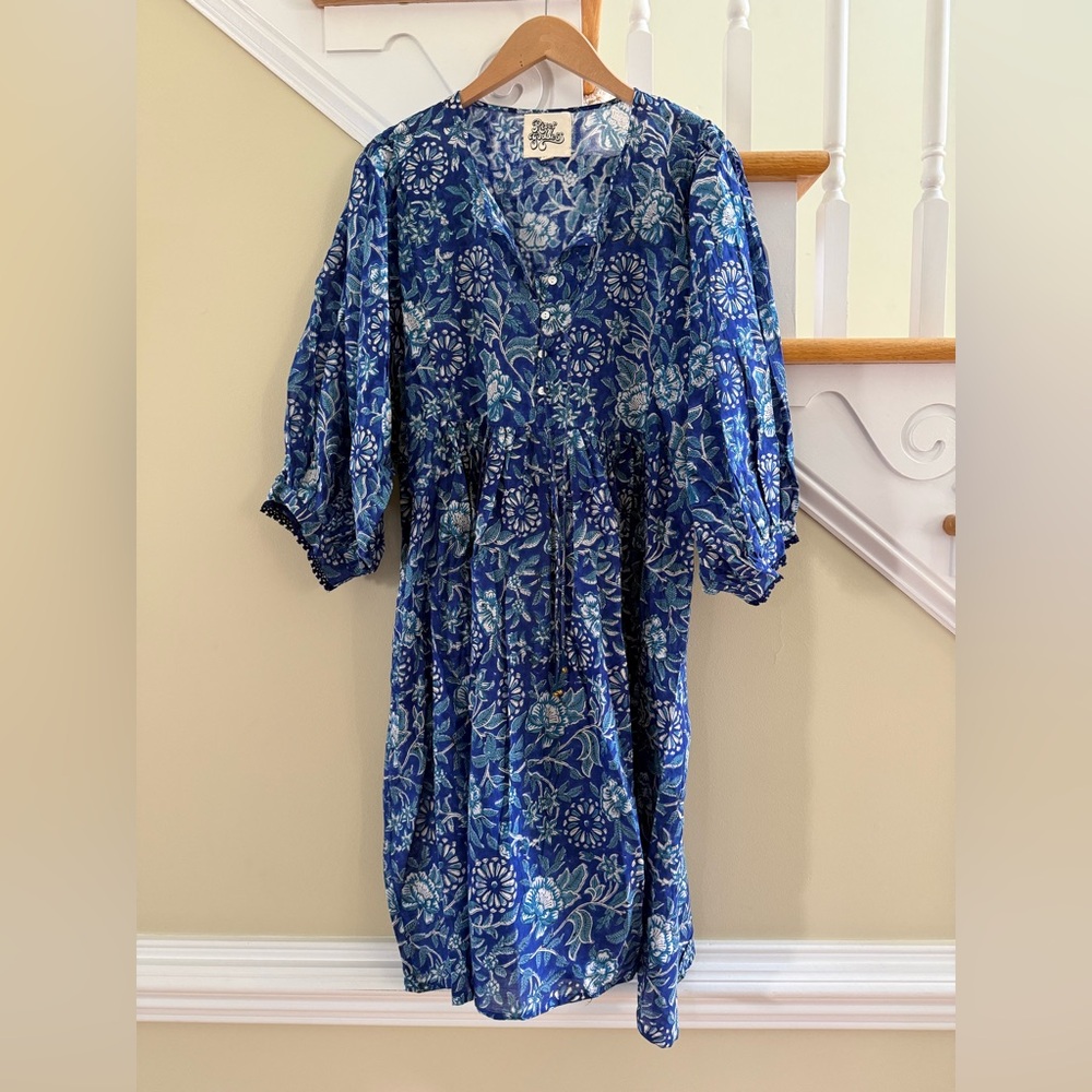 Blue Floral 3/4 Sleeve Dress 100% Cotton - Picture 6 of 13